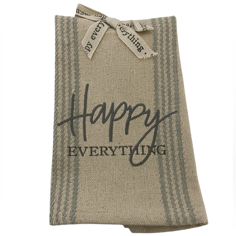 New MUD PIE Tan Cotton Kitchen Tea Towel Happy Everything Embroidered Bow Detail